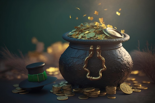 Een illustratie van een magische pot vol munten en een kabouterhoed St Patrick's day concept AI Generation