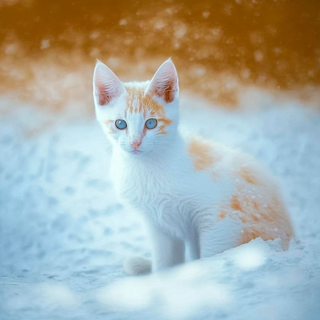 Een illustratie van een majestueuze en sierlijke witte kat die geniet van een serene wandeling in een winterwonderland, te midden van een schilderachtig sneeuwlandschap dat de rust en schoonheid van de natuur in de winter weergeeft. gemaakt met Ge