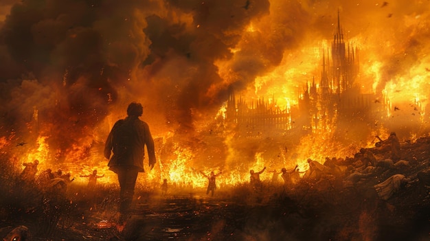 Een illustratie van een man die wegloopt van zombies met een brandende stad op de achtergrond en een illustrasie van een digitaal schilderij