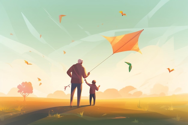 Een illustratie van een man en een kind die een vlieger in de lucht vliegen Generatieve ai
