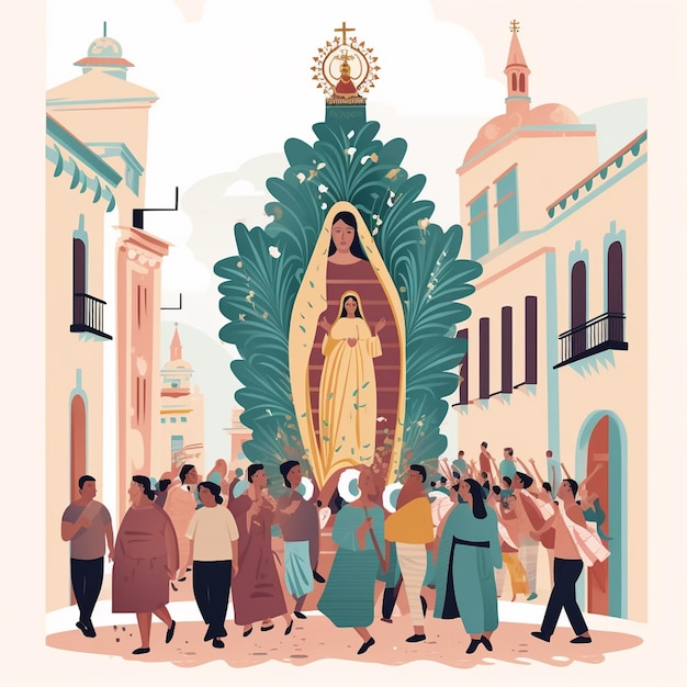 Een illustratie van een menigte mensen voor een beeld van een maagd Maria.