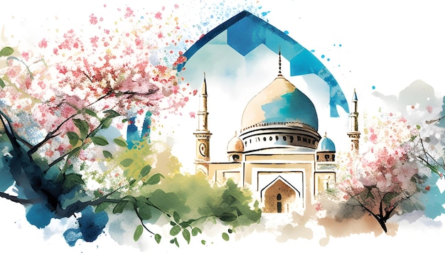 Een illustratie van een moskee met bloemen en een boom op de achtergrond