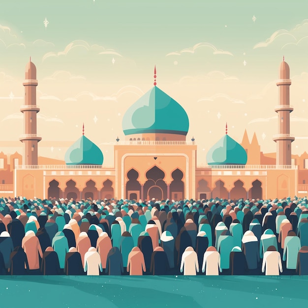 Een illustratie van een moskee met een blauwe achtergrond en de woorden 'muslim' erop