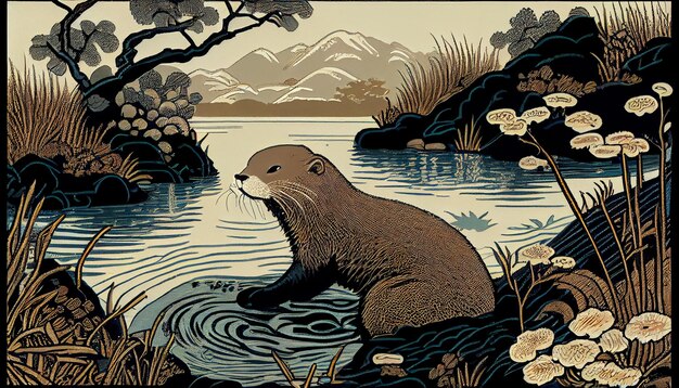 Foto een illustratie van een otter die in een vijver zit.
