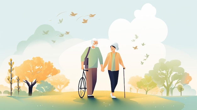 een illustratie van een oud echtpaar dat handen vasthoudt en in een park loopt.