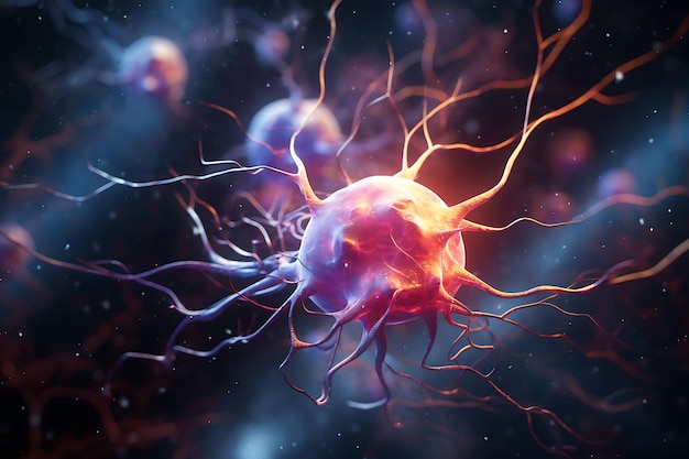 een illustratie van een paars neuron met een paarse achtergrond