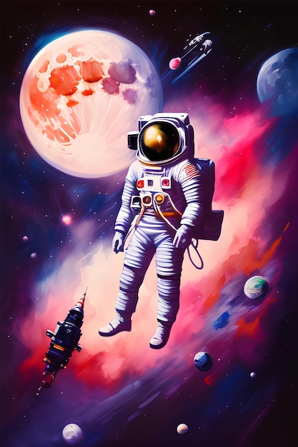 Een illustratie van een paarse astronaut in de ruimte