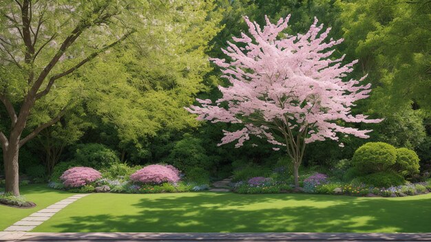 Een Illustratie Van Een Prachtig Gedetailleerde Tuin Met Een Roze Boom Al Generatief