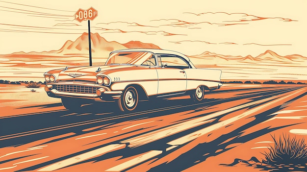 Een illustratie van een retro auto die door een woestijnlandschap rijdt De auto is wit en de achtergrond is een sepia toon