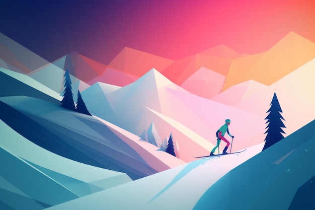 Een illustratie van een skiër op een besneeuwde berg.