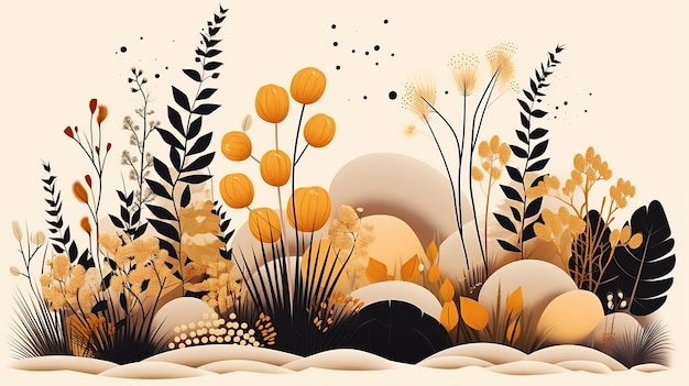 een illustratie van een veld met planten en rotsen