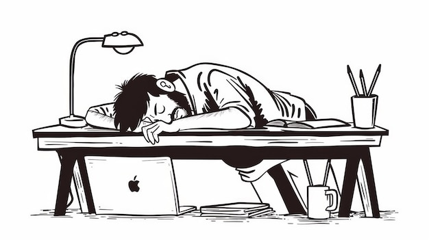Een illustratie van een vermoeide man die na een lange werkdag op zijn bureau slaapt
