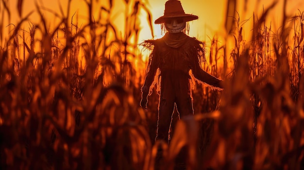 Een illustratie van een vogelverschrikker die in het angstaanjagende licht van een Halloween-vuur badt en lange schaduwen werpt op het hoge gras van een veld Generatieve AI