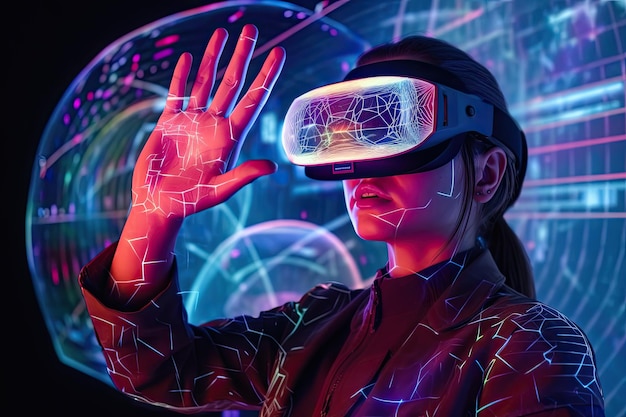 Een illustratie van een vrouw die een virtual reality headset draagt