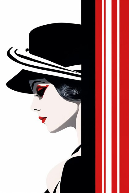 Foto een illustratie van een vrouw in een hoed met rode en zwarte strepen