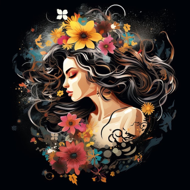 een illustratie van een vrouw met bloemen in haar haar