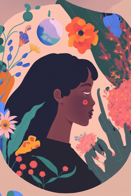 Een illustratie van een vrouw omringd door bloemen generatieve ai