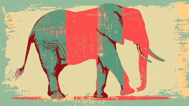 Een illustratie van een wandelende olifant met een gestructureerde achtergrond in gedempte kleuren