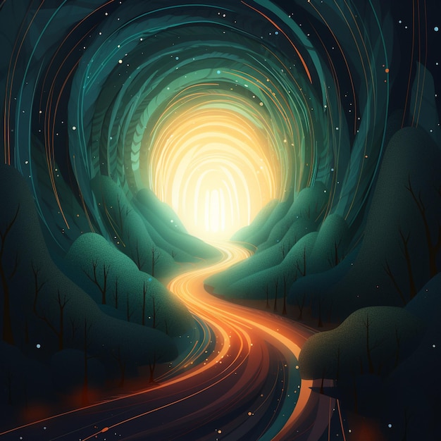Een illustratie van een weg die door een bos gaat met een licht erop.