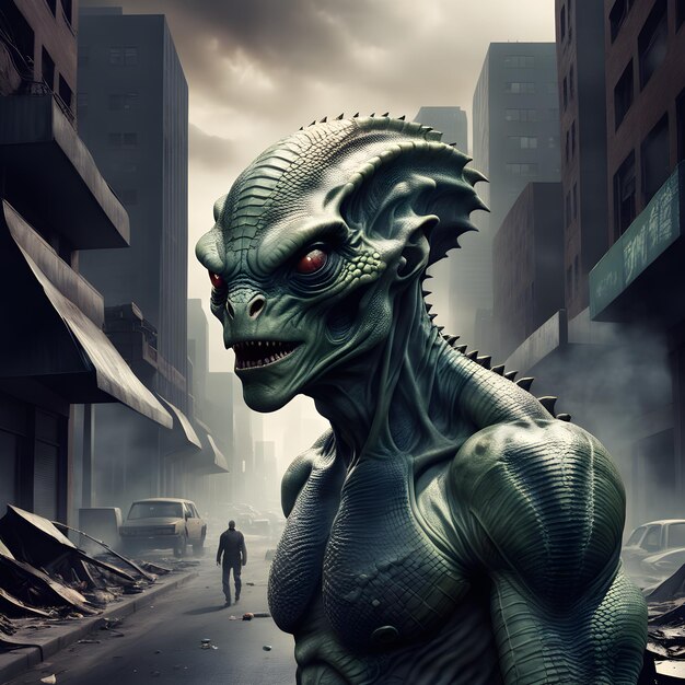 een illustratie van een woeste reptiliaanse buitenaardse in een apocalyps stad achtergrond