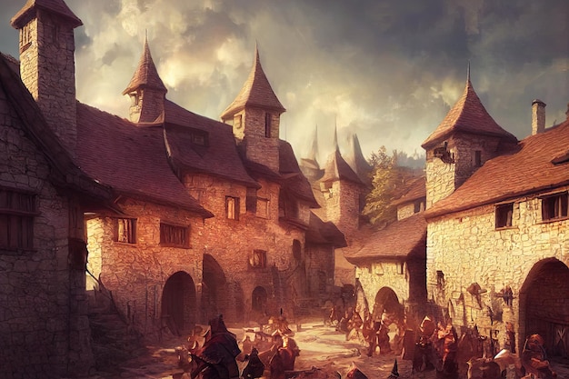 Foto een illustratie van het kleine middeleeuwse fantasiedorp medieval fantasy