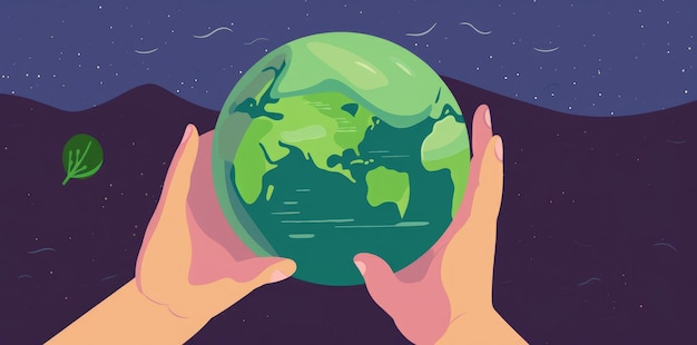 Een illustratie van menselijke handen die de planeet aarde vasthouden in oranje en groene kleuren die het concept van ecologie en klimaatverandering vertegenwoordigen Generatieve AI