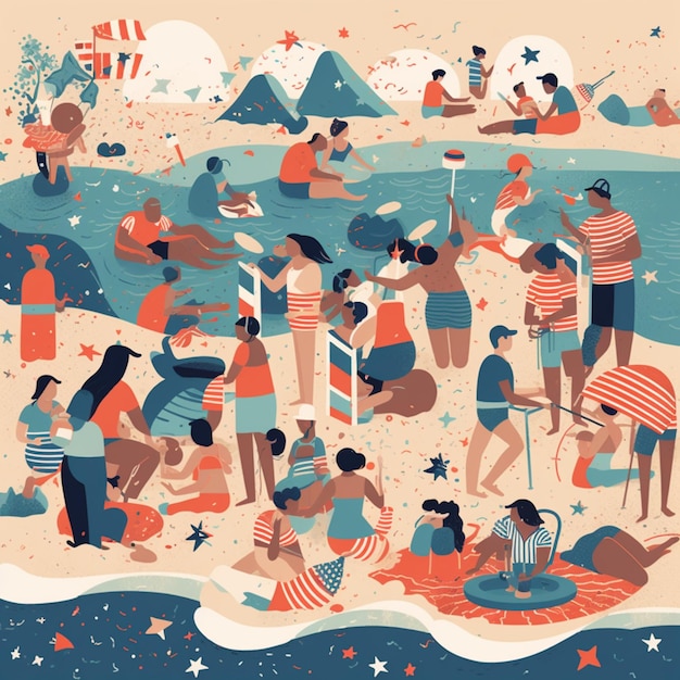Een illustratie van mensen bij een strand met een strandscène en de woorden "strandpartij" op de bodem.