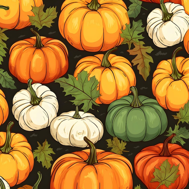 Een illustratie van oranje en groene pompoenen op een zwarte achtergrond Het patroon is in de vorm van verschillende pompoenen Thanksgiving collectie boerderij oogst pompoen close-up rijpe groenten