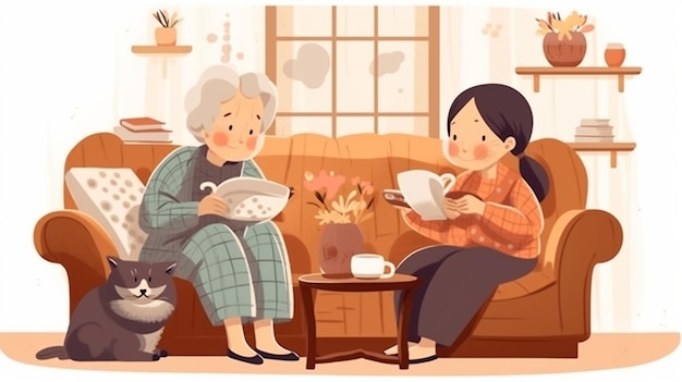een illustratie van twee oude vrouwen die op een bank zitten met een theekop en een vrouw die een boek leest.