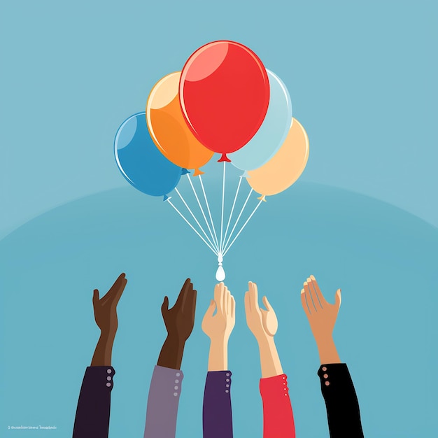 Een illustratie van verschillende handen die elk een touw vasthouden aan een drijvende 2024 ballonsymbool