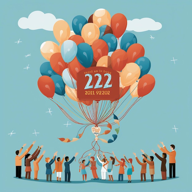 Een illustratie van verschillende handen die elk een touw vasthouden aan een drijvende 2024 ballonsymbool