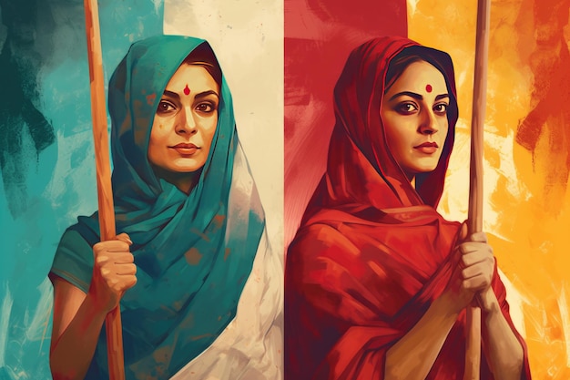 Een illustratie van vrouwen die vlaggen vasthouden, geïnspireerd door de Indiase popcultuur, die het concept van sterke en mondige vrouwen Generatieve AI uitbeelden
