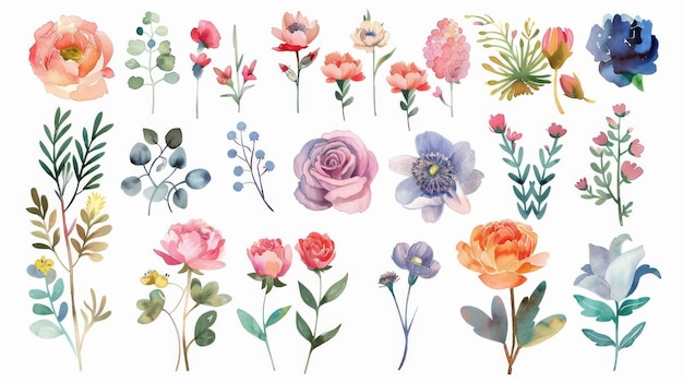 Een illustratieve set van aquarel kruiden ranunculus anemonen en rozen Kleurrijke vintage bladeren bloemen en takken Moderne illustratie