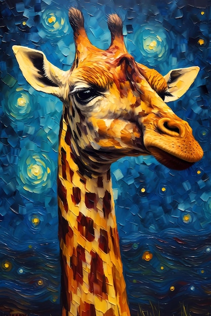 Een impressionistisch schilderij van een giraf in Van Gogh-stijl