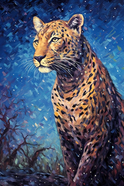 Een impressionistisch schilderij van een luipaard in Van Gogh-stijl