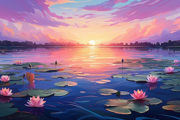 Een impressionistische omgeving zonsondergang over vreedzaam meer
