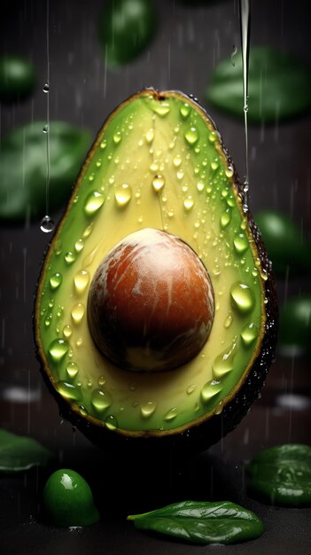 Foto een in tweeën gesneden avocado met waterdruppels