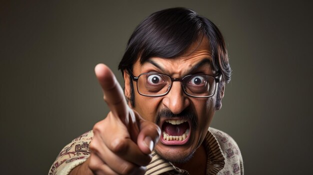Een Indiase man met een bril wijst met zijn vinger.