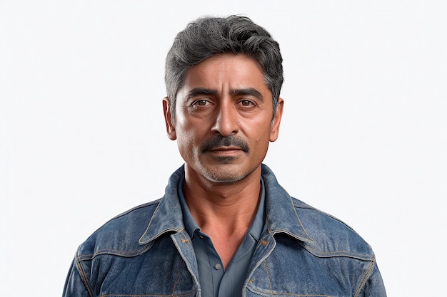 Een Indiase man van middelbare leeftijd in een denimjas op een witte achtergrond