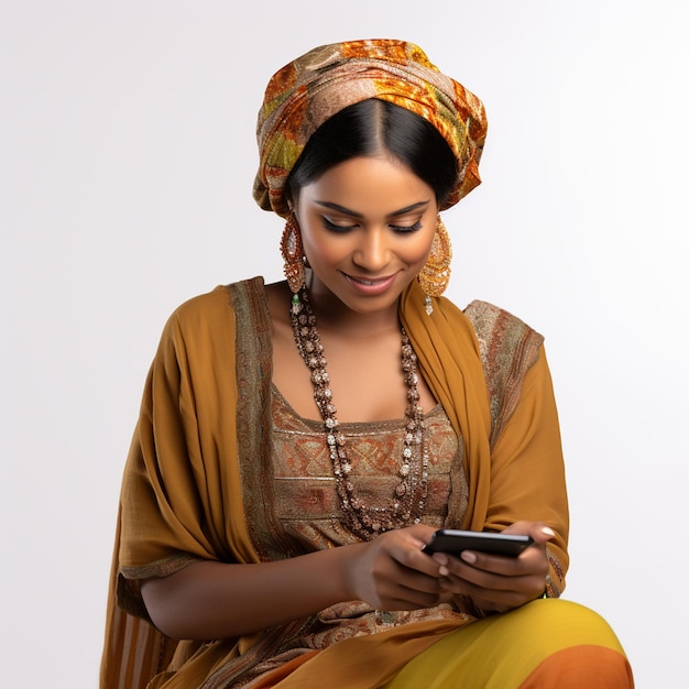 Een Indiase vrouw die casual etnische kleding draagt en haar smartphone gebruikt