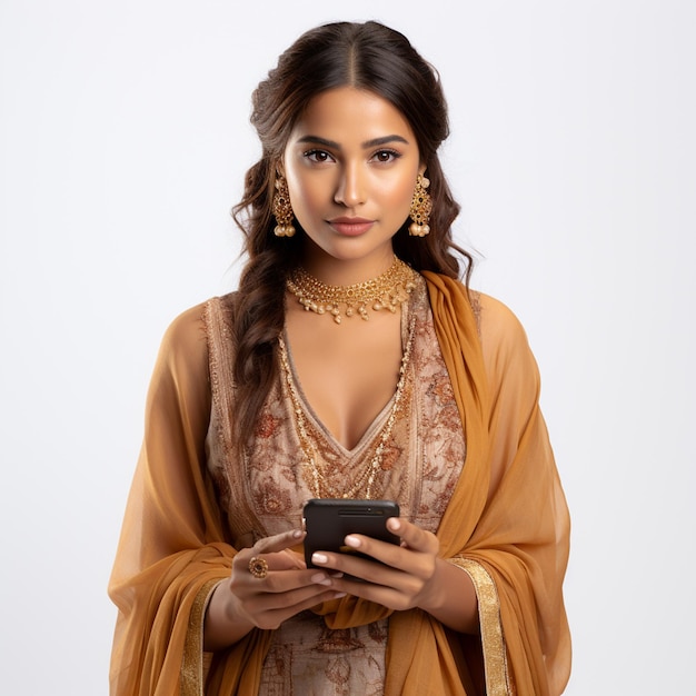 Een Indiase vrouw die casual etnische kleding draagt en haar smartphone gebruikt