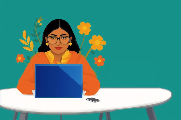 Een Indiase vrouw die op een laptop werkt Reis van een Indiase vrouw in Digital Work Generative AI