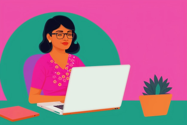 Een Indiase vrouw die op een laptop werkt Reis van een Indiase vrouw in Digital Work Generative AI