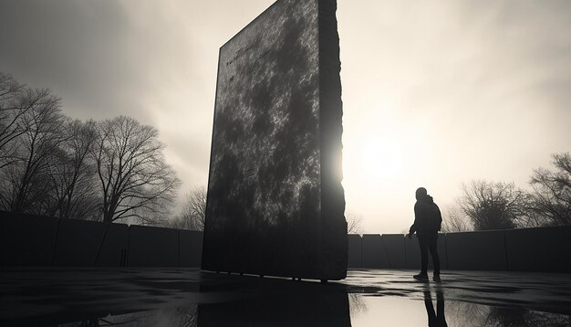 Foto een individu bezoekt een monument voor burgerrechten. hun weerspiegeling in de gepolijste steen.