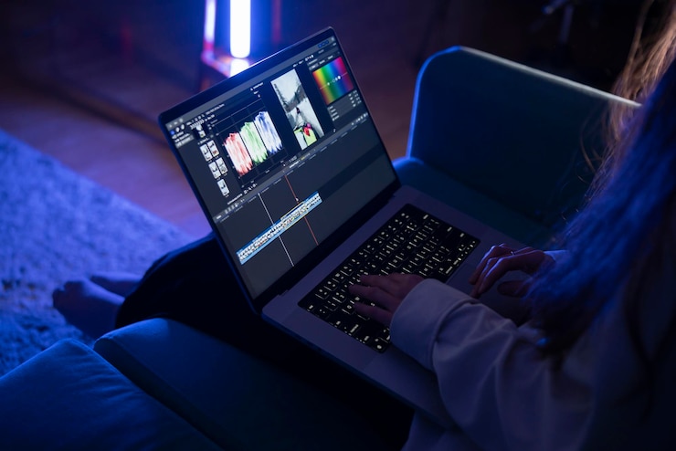Foto een individu is intens gefocust op het bewerken van video-inhoud met behulp van een gespecialiseerde software op een laptop in een thuisomgeving met weinig licht
