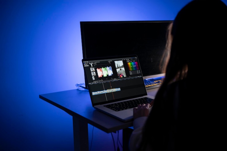 Foto een individu is intens gefocust op het bewerken van video-inhoud met behulp van een gespecialiseerde software op een laptop in een thuisomgeving met weinig licht
