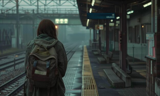 Foto een individu met een rugzak staat alleen op een stedelijk treinstation omringd door een rustige mist. het beeld vangt een moment van eenzaamheid in de meestal drukke stadsomgeving.