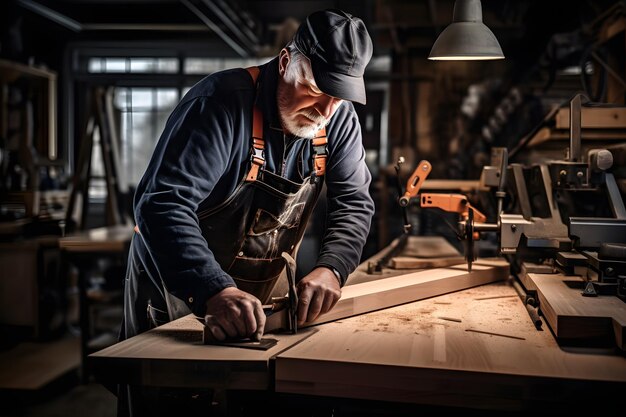 Een individuele ambachtsman die in een industriële werkplaats werkt met een beschermende bril