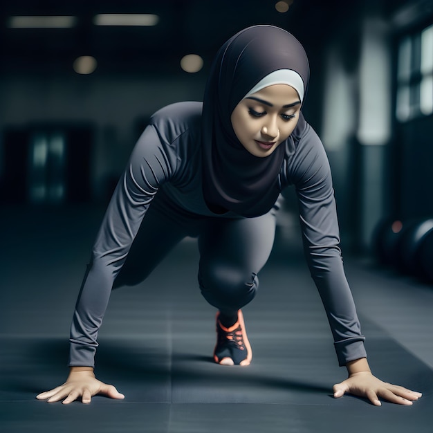 Een Indonesische moslimvrouw met een hijab en spandex sportkleding doet push-up oefeningen