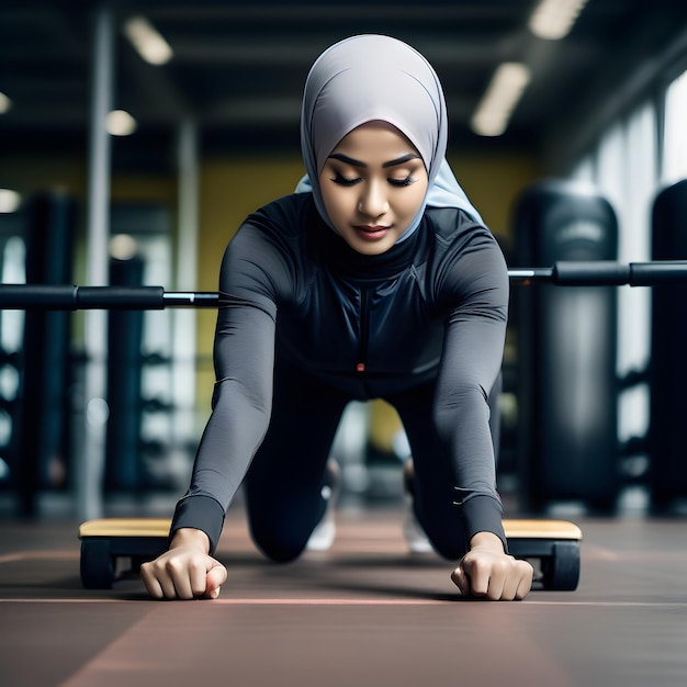 Een Indonesische moslimvrouw met een hijab en spandex sportkleding doet push-up oefeningen